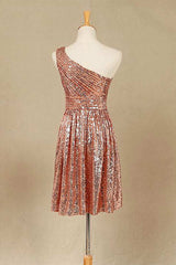 Party Dress Styling Ideas, Rose Gold Sequin One-Shoulder Short Bridesmaid Dress