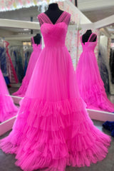 Formal Dresses For 31 Year Olds, Hot Pink Illusion Strapless A-line Layers Tulle Long Prom Dress