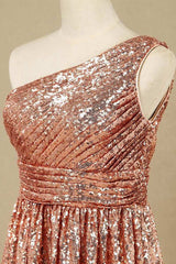 Party Dress Casual, Rose Gold Sequin One-Shoulder Short Bridesmaid Dress