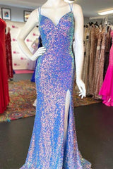 Bridesmaid Dress Convertible, Purple Iridescent Sequin Empire Waist Lace-Up Mermaid Long Dress with Slit