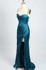 Dinner Dress, Teal Blue Cowl Neck Mermaid Long Prom Dress with Slit