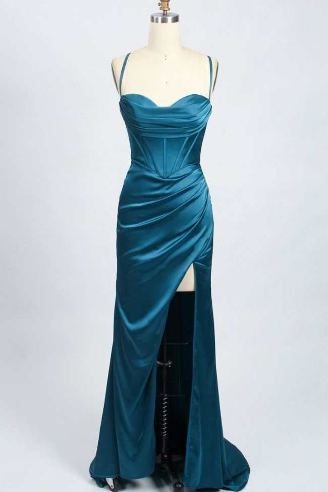 Dark Red Dress, Teal Blue Cowl Neck Mermaid Long Prom Dress with Slit
