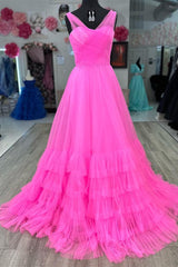 Formal Dresses For Middle School, Hot Pink Illusion Strapless A-line Layers Tulle Long Prom Dress