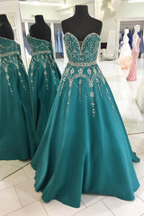 Party Dress Night Out, Green A Line Floor Length Sweetheart Sleeveless Beading Prom Dresses