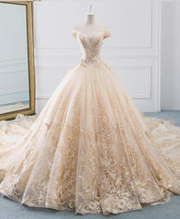 Wedding Dresses For Big Bust, Unique Champagne Tulle Lace Long Wedding Dress, Bridal Gown