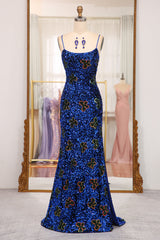 Prom Dresses For Black, Sparkly Royal Blue Lace Up Long Sequined Prom Dress With Slit