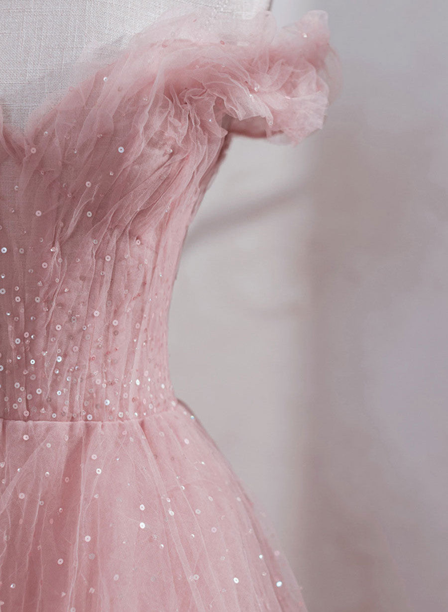 Vintage Prom Dresses 90S, Pink Shiny Tulle Beaded Off Shoulder Long Party Dress, Pink Tulle Formal Dress