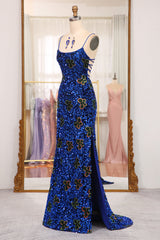 Prom Dress Shops Nearby, Sparkly Royal Blue Lace Up Long Sequined Prom Dress With Slit