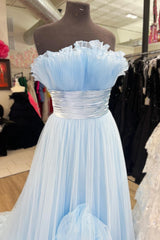 Formal Dress Summer, Sky Blue Strapless Ruffled Empire Tulle Long Prom Dress