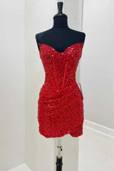 White Wedding, Red Sequin Strapless Mini Homecoming Dress