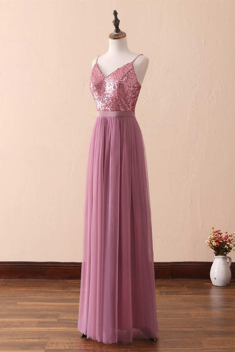Party Dress Spring, Dusty Purple Sequin Spaghetti Straps A-Line Long Bridesmaid Dress