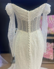 Wedding Dress Flowers, Sheath-Column Off The Shoulder Wedding Dress With Sequin