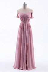 Party Dress Express, Dusty Pink Chiffon Cold-Shoulder A-Line Long Bridesmaid Dress