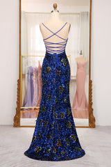 Prom Dresses Suits Ideas, Sparkly Royal Blue Lace Up Long Sequined Prom Dress With Slit
