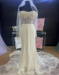 Wedding Dresses Flower, Sheath-Column Off The Shoulder Wedding Dress With Sequin