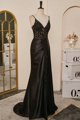 Bridesmaid Dress Color, Black Mermaid Pluning V Appliques Long Prom Dress with Slit