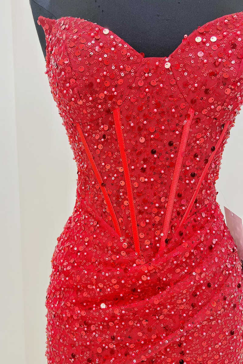 Autumn Wedding, Red Sequin Strapless Mini Homecoming Dress