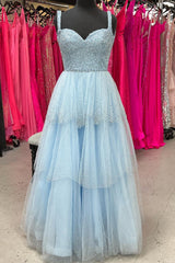 Homecomming Dress Vintage, Light Blue Sweetheart Beaded Straps Multi-Layers Long Prom Dress