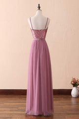 Party Dresses Vintage, Dusty Purple Sequin Spaghetti Straps A-Line Long Bridesmaid Dress