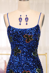 Prom Dresses For Skinny Body, Sparkly Royal Blue Lace Up Long Sequined Prom Dress With Slit