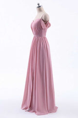 Party Dress And Style, Dusty Pink Chiffon Cold-Shoulder A-Line Long Bridesmaid Dress