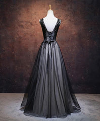Prom Dress Inspo, Black V Neck Tulle Lace Applique Long Prom Dress, Black Evening Dress, 1