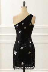 Party Dress For Teens, One Shoulder Sequin Cocktail Dress with Stars