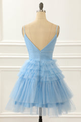 Party Dress Designer, Light Blue A-line Cute Homecoming Dress with Ruffles