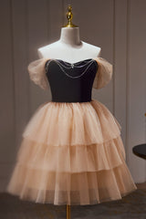 Bridesmaid Dresses Satin, Chic Champagne Off The Shoulder Beading Tulle Short Homecoming Dresses
