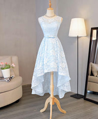 Evening Dress Mermaid, Light Blue Lace High Low Prom Dress, Homecoming Dress