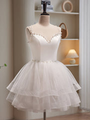 Party Dress Dames, White Spaghetti Strap Tulle Short Prom Dress, Cute A-Line Party Dress
