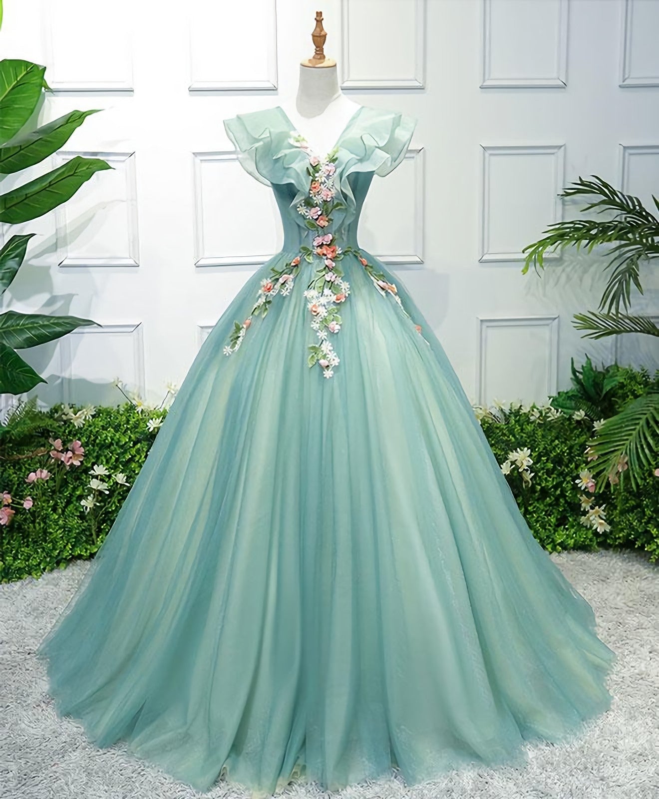 Evening Dress 2040, Green V Neck Tulle Long Prom Dress, Green Evening Dress
