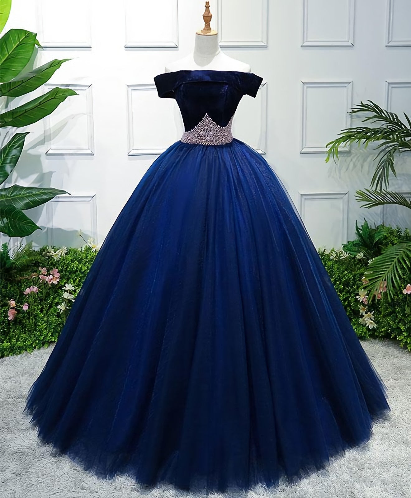 Evening Dresses Unique, Dark Blue Tulle Off Shoulder Long Prom Dress, Blue Sweet 16 Dress