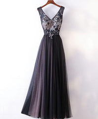 Prom Dress Shop, Black V Neck Lace Applique Tulle Long Prom Dress, Black Evening Dress