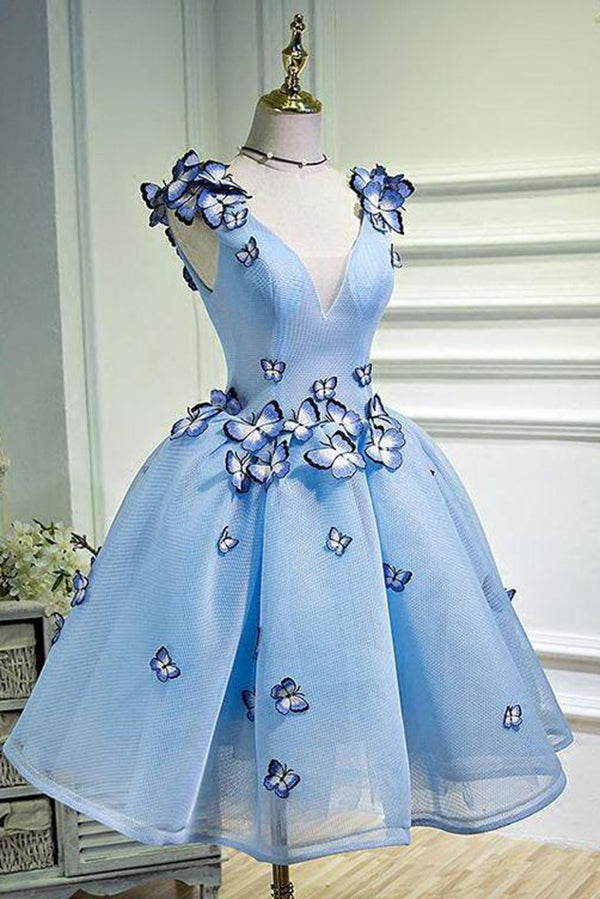 Prom Dresses Sleeve, Elegant Butterfly Applique V Neck Sleeveless Short Homecoming Dresses
