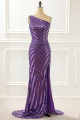 Bridesmaid Dresses Formal, One Shoulder Purple Sequin Prom Dress with Slit