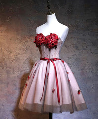 Homecoming Dresses Pink, Red Sweetheart Neck Lace Short Prom Dress