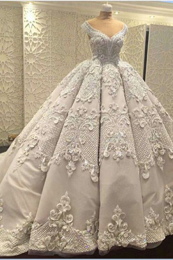 Wedding Dresses Design, Gorgeous Sleeveless V Neck Lace Appliques Ball Gown Wedding Dresses