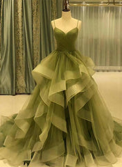 Formal Dress Elegant, Beautiful Green Ruffles Sweep Train Long Prom Dress, Straps Evening Formal Dresses