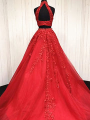 Formal Dress Lace, 2 Pieces Pink Red Lace Prom Dresses, Two Pieces Pink Red Tulle Lace Formal Evening Dresses