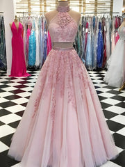 Formal Dresses Ballgown, 2 Pieces Pink Red Lace Prom Dresses, Two Pieces Pink Red Tulle Lace Formal Evening Dresses