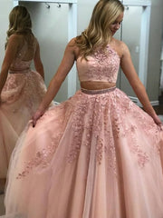 Formal Dress Ballgown, 2 Pieces Pink Red Lace Prom Dresses, Two Pieces Pink Red Tulle Lace Formal Evening Dresses