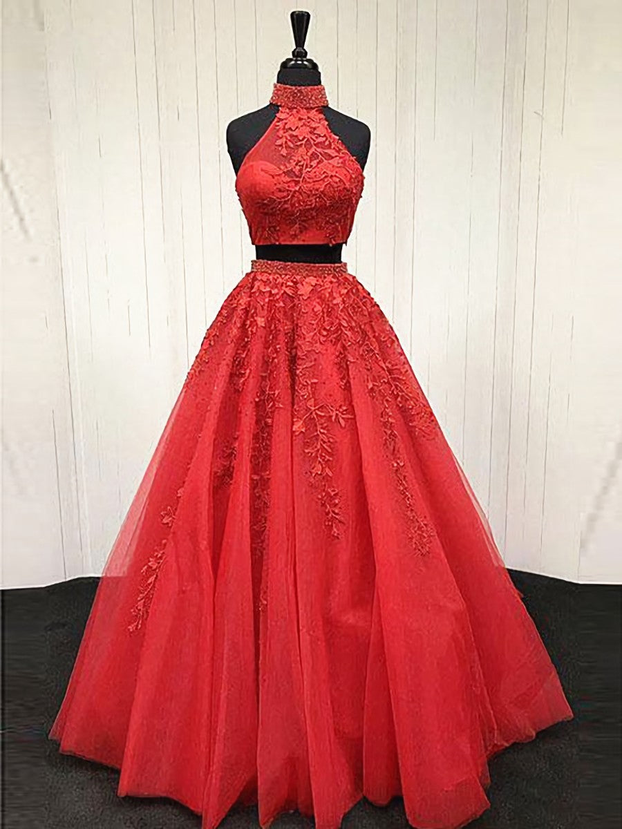 Formal Dress Classy Elegant, 2 Pieces Pink Red Lace Prom Dresses, Two Pieces Pink Red Tulle Lace Formal Evening Dresses