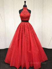 Prom Dress 2026, 2 Pieces Tulle Lace Prom Dresses, Two Pieces Evening Dresses