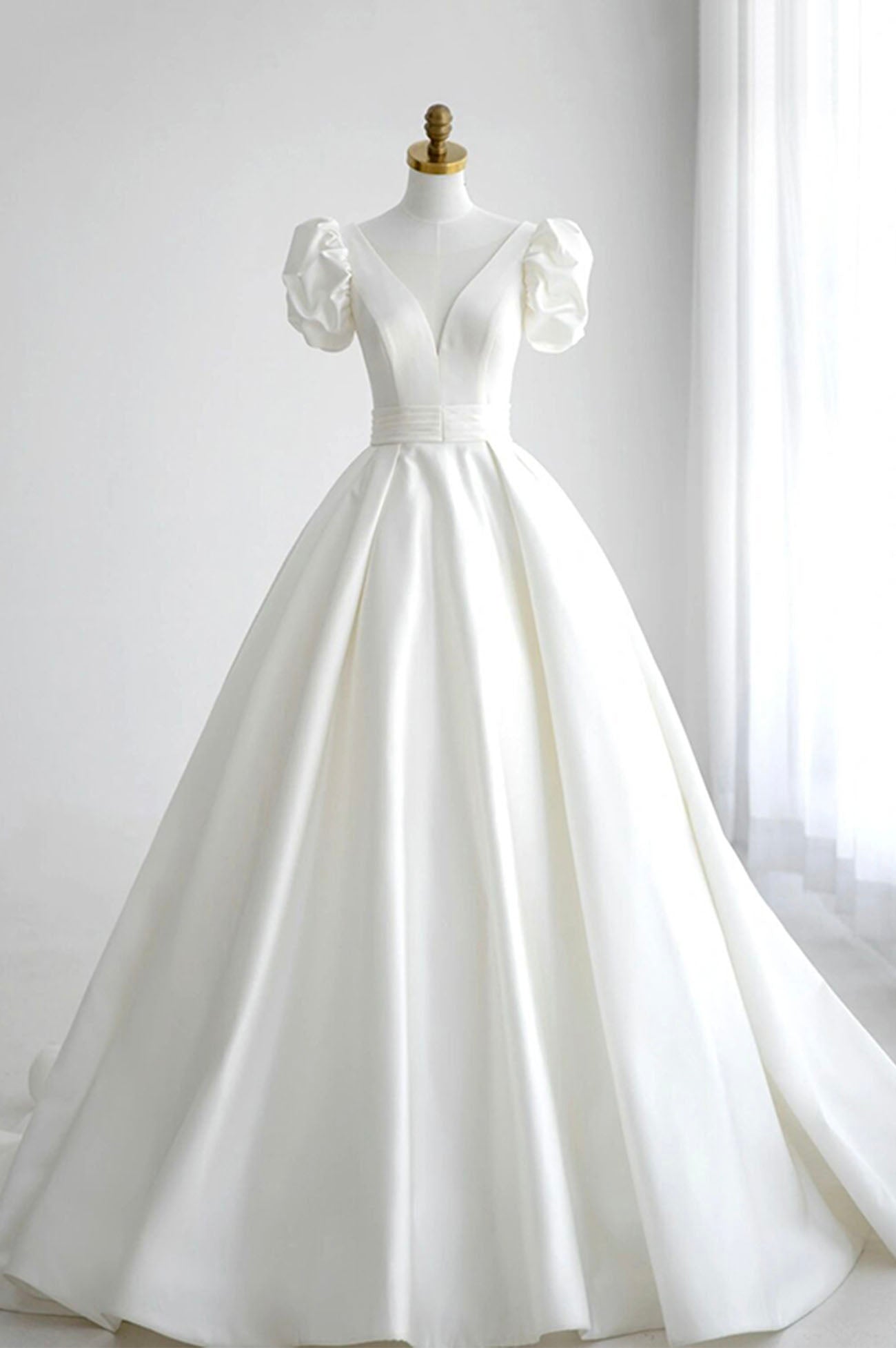 Wedding Dresses For Maids, White V-Neck Satin Long Formal Dress, Wedding Formal Dress