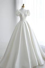 Wedding Dress Southern, White V-Neck Satin Long Formal Dress, Wedding Formal Dress