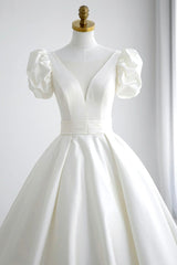 Wedding Dresses A Line Romantic, White V-Neck Satin Long Formal Dress, Wedding Formal Dress