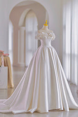 Wedding Dress V, White Satin Long Ball Gown, A-Line Flower Wedding Gown with Bow