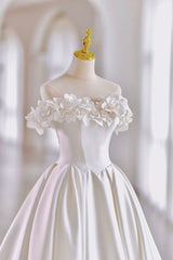 Wedding Dresses V, White Satin Long Ball Gown, A-Line Flower Wedding Gown with Bow