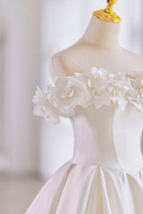 Wedding Dress Jewelry, White Satin Long Ball Gown, A-Line Flower Wedding Gown with Bow